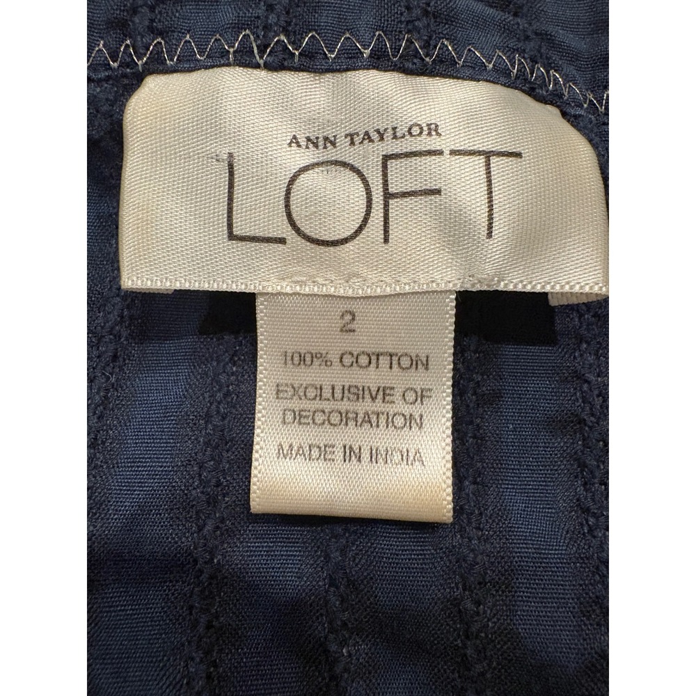 Ann Taylor LOFT Navy Blue Cotton Pintuck Tunic 3/4 Sleeve Textured Top Size 2 - Picture 3 of 7